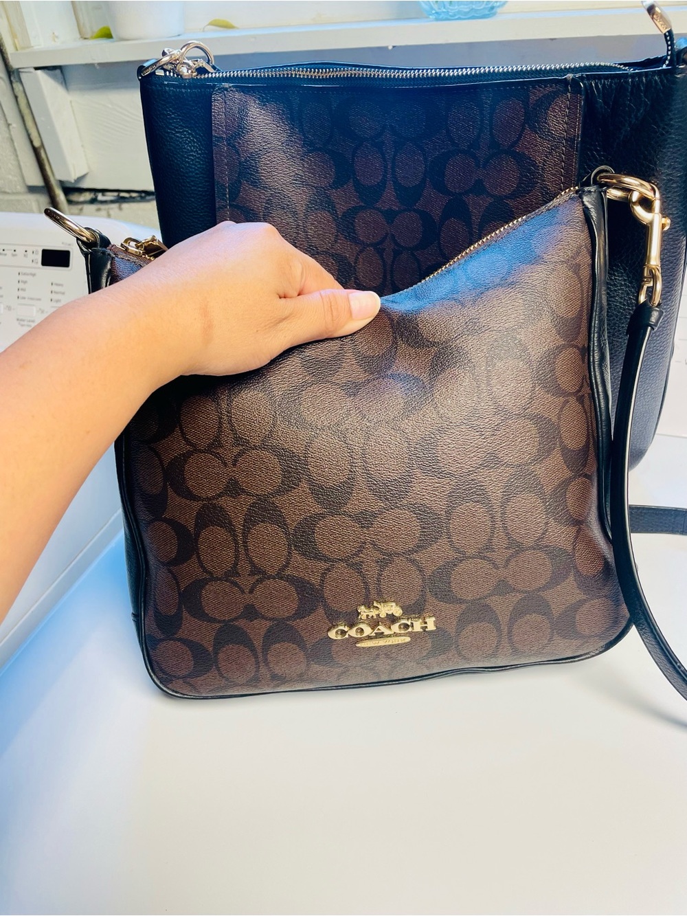 Coach Brown Signature Canvas Crossbody with Black Trim and Gold Hardware